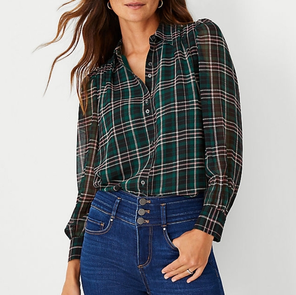 {Ann Taylor} Plaid Sheer Sleeve Shirt Size Small - Picture 16 of 16